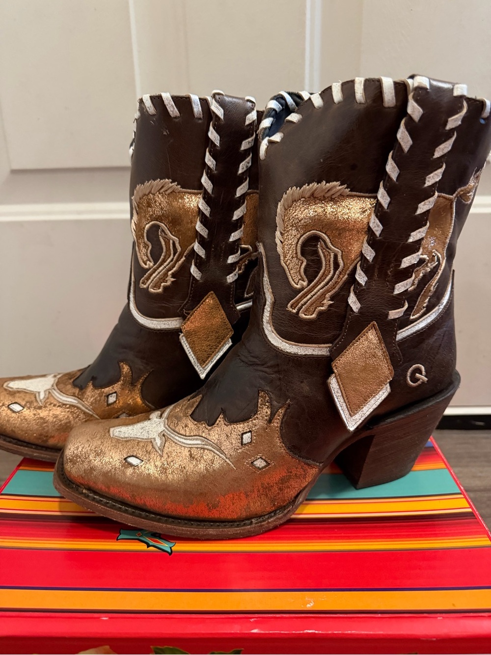 Embellished Brown & Gold Western Ankle Boots
